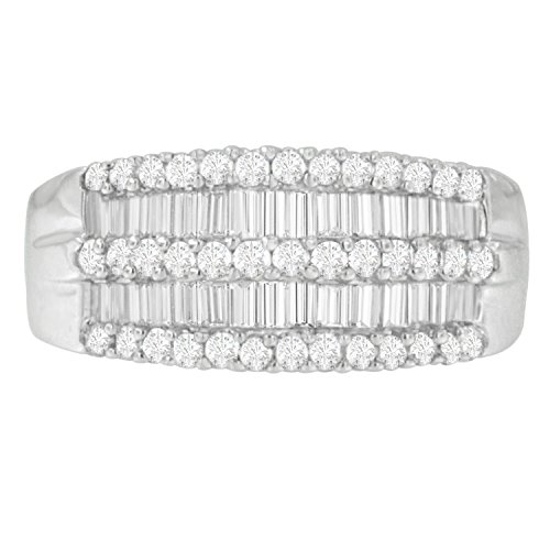 14K White Gold 1.0 Cttw Round Brilliant & Baguette-Cut Diamond Alternating 5-Row Wide Band Anniversary or Cocktail Fashion Ring (H-I Color, I1-I2 Clarity)
