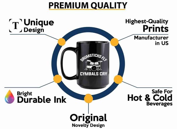 Taza de café para músicos, 15 onzas, negra, con diseño de baquetas y platillos miniatura 3
