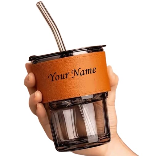 Image of Personalized Glass Sipper Tumbler with Leather Sleeve, Lid & Straw | Reusable Coffee, Tea, Milk & Juice Mug |Leakproof Gift Cup for Kids & Adults - 435ml (Black)
