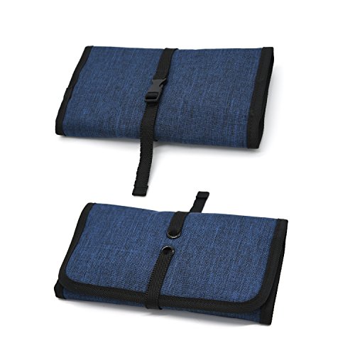 Patu Roll Up Electronics Accessories Travel Gear Organizer Case, Portable Universal External Batteries Hard Drives Cables Cosmetics Kit Bag, Navy #TOP4