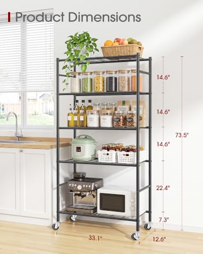 Image of Sakugi 5-Tier Storage Shelves 33.1 inch x12.6 inch x73.5 inch Black with Wheels
