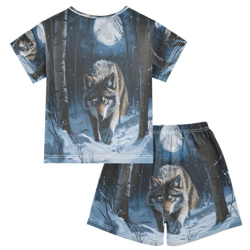 ALAZA Wolf Moon Night Pajamas Set Short Sleeve Cotton Sleepwear Summer Pjs 2 Piece 5-14Y2