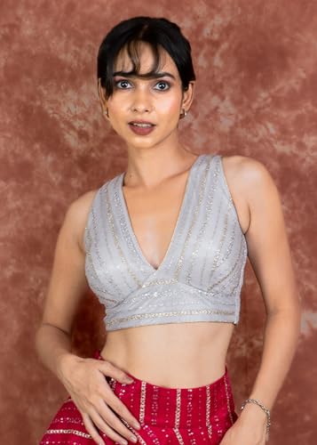 Image of FIGURE'S DESIGNER Women's Sequin Embroidered SabyaSachi Cut V Neck Sleeveless Readymade Saree Blouse E24