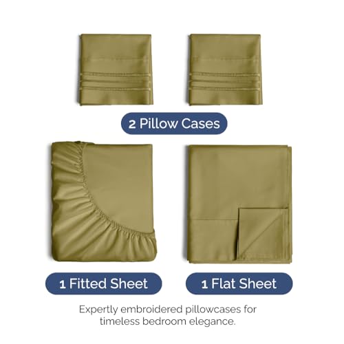Image of King Size 4 Piece Sheet Set - Ultra Soft & Cooling Sheets - Olive Yellow | Fits 8 Inch to 16 inch Mattress, Wrinkle Free & Fade Resistant with Deep Pockets, Breathable, Comfy Hotel Luxury Bedding