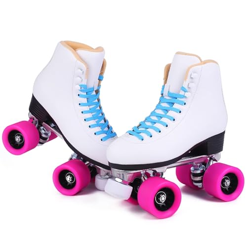 NVGSHO Adult Roller Skates, Pu Leather High Top Double-Row Roller Skates, Aluminum Alloy Base Frame, Perfect for Outdoor Sports and Automatic Walking, with Bags,White,Ladies8.5
