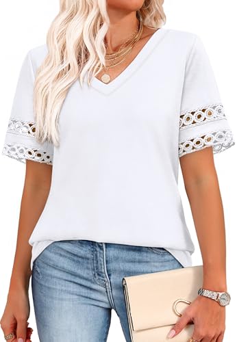 XIEERDUO Womens Summer Tops Dressy Casual Blouses for Women V Neck Short Sleeve Shirts Fashion Clothes Curved Hem Flowy