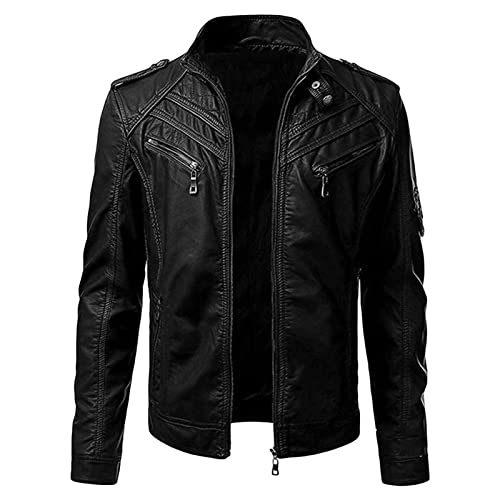 Maiyifu-GJ Slim Motorcycle Jacket for Men Faux Leather Zip Up Windproof Moto Coat Stand Collar Vintage Bomber Outerwear (Black,5X-Large)