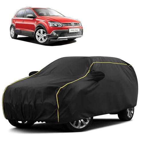 Image of Sulfar 100% Water Resistant Car Body Cover Compatible with Mirror for Volkswagen Polo Cross (Triple Stitched, Full Bottom Elastic, Black Taffeta with Yellow Piping)