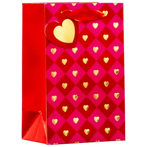 Design By Violet Valentines Hearts Small Gift Bag Red and Pink Heart Gift Bag with Gold Foil Finish Ribbon Handle and Gift Tag for Valentines Day Treats