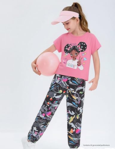 Image of mksodop Girls Outfit Set Graphic T Shirt and Camo Jogger Pants Cute Casual Clothes for Girls 5-16 Years