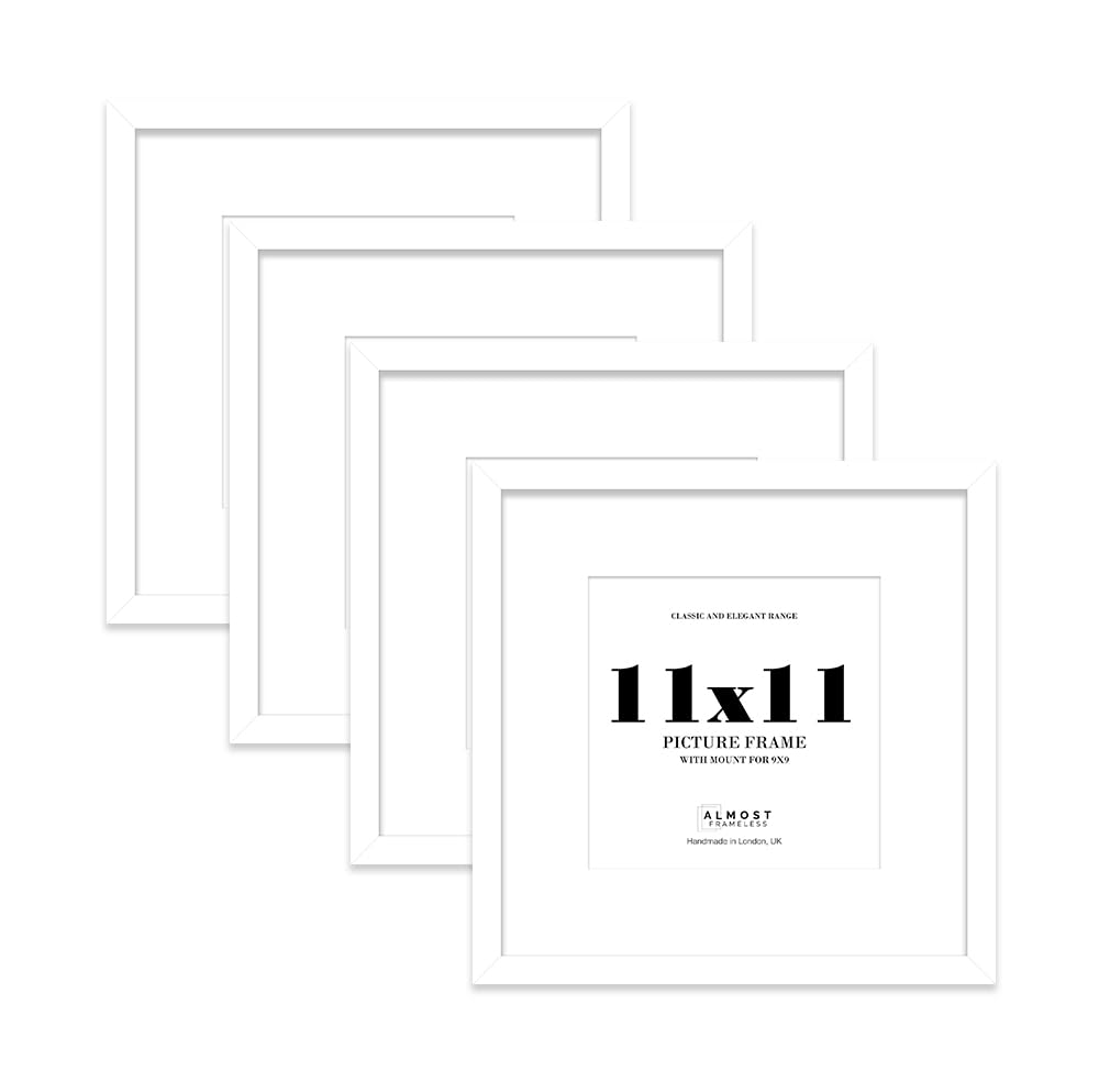 11x11 White Picture Frame with Mount for 9x9 Photos, Prints - Modern Square Wall Frame, Set of 4