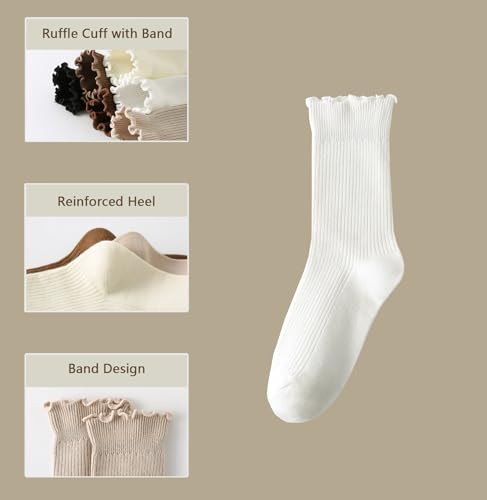 Image of Womens Socks, Ruffle Turn-Cuff Casual Crew Socks Breathable Cool Knit Cotton Lettuce Frilly Ankle Sock 6 Pack (US, Alpha, One Size, Regular, Regular, 6-pairs(white) crew Socks)