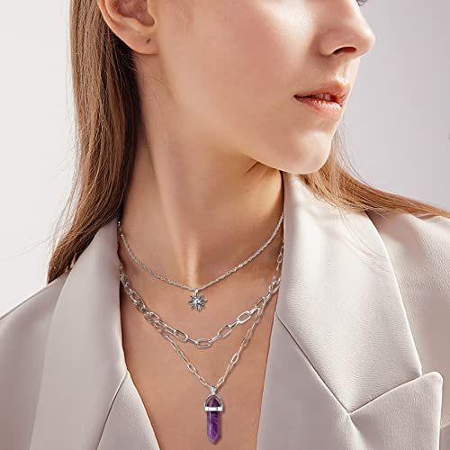 Mjartoria Sun Necklace Crystal Necklace Amethyst Charm Pendant Multi Layered Necklaces For Women Choker Necklace Gothic Jewelry Goth Accessories Set #TOP1