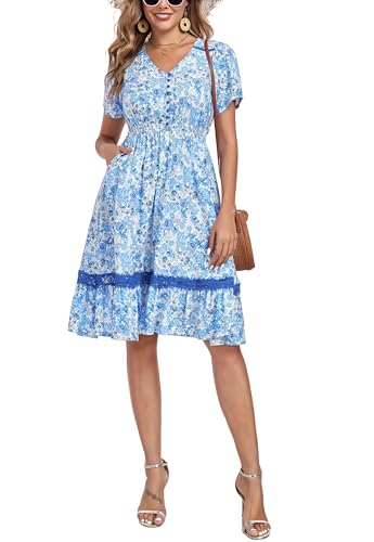 Image of Women's Floral Dress with Ladder Lace Trim Midi Summer Casual Elegance Dress