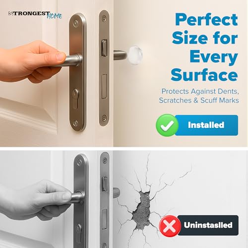 Image of STRONGEST HOME Door Stoppers (Small) 0.8 inch - Door Stop for Wall with Strong Back Adhesive - Quiet and Shock Absorbent Silicone Wall Protectors from Door Knobs - Protects Every Surface (Clear | 12 PCS)