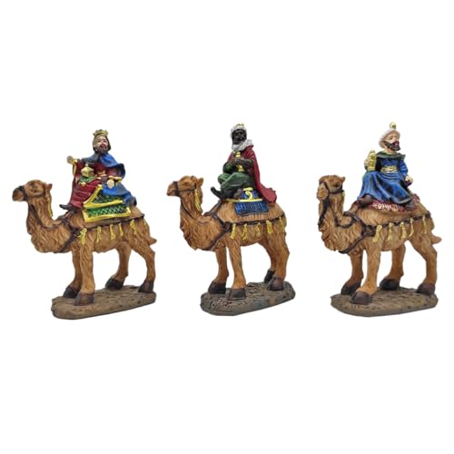 AC - Set de 3 Figuras de los Reyes Magos a Camello - Resina - Decoración de Belén, Nacimiento, Pesebre, Navidad - 13,7 cm