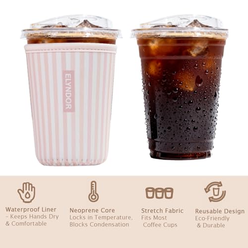 Image of Reusable Insulated Sleeve for Iced Coffee Cup, 3-Pack Coffee Neoprene Drink Sleeve for Cold & Hot Drinks, Beverage Holder for Iced Coffee (Blush Stripes)