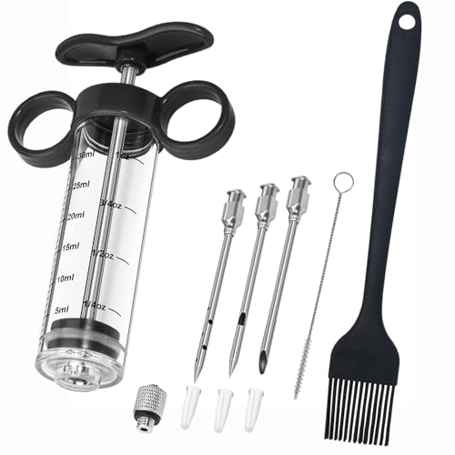 Kingsmile Turkey Injector, Meat Injector Syringe - 3 Marinade for BBQ Grill, 1OZ /30ML Injector Syringe, Handle MeatInjector for Smoking, Flavor Injector for Meat with Oil Brush & Cleaning Brush Black