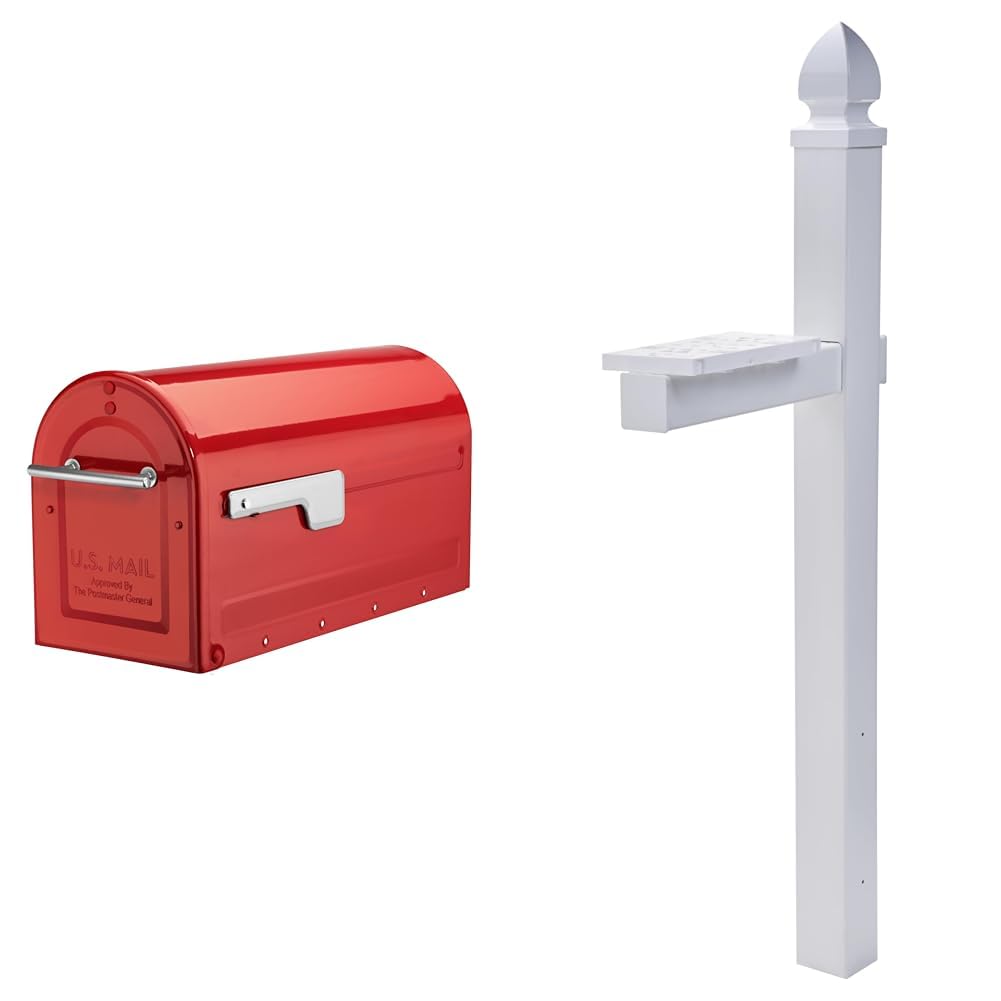 Architectural Mailboxes Boulder 7900-7R-SR Red Mailbox and Whitley WP000WAM White Decorative Post