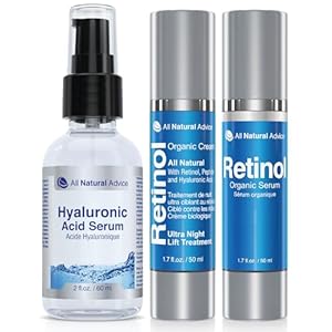 All Natural Advice Night Routine Bundle, Organic Skin Care Pack Including Retinol Ultra Night Lift Treatment 50ml, Retinol Serum 50ml and Hyaluronic Acid Serum 60ml
