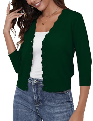 Image of Women's Cropped Cardigans 3 /4 Sleeve Button Down Lightweight Cardigan Sweaters Scalloped Edged Bolero Shrugs