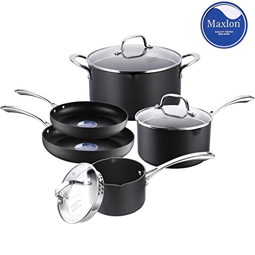 Cooksmark Classic Juego de Ollas y Sartene Antiadherentes de Aluminio Anodizado Juego de Cacerolas con Tapa de Cristal Batería de Cocina Negra de 8 Piezas Apta para Lavavajillas y Horno