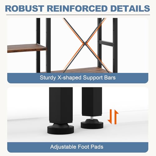 Image of DUMOS Triple Column 4 Tier Bookshelf with Adjustable Shelves, Wide Convertible Display Unit, Industrial Bookcase for Living Room & Home Office, Sturdy Freestanding Storage Decor Organizer, Rust