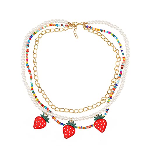 Bohemia Multilayer Fruit Strawberry Pineapple Pendant Necklace Handmade Weave Imitation Pearl Choker Colorful Beads Flowers Necklace for Women Girls Party Jewelry-Style B