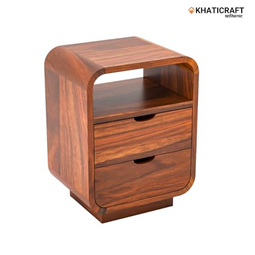 Image of Solid Sheesham Wood Rami Bedside Table with 2 Drawer and Shelves Storage for Bedroom Furniture | Wooden Bedside End Tables | Nightstand Side Table for Living Room and Home (Natural Finish)