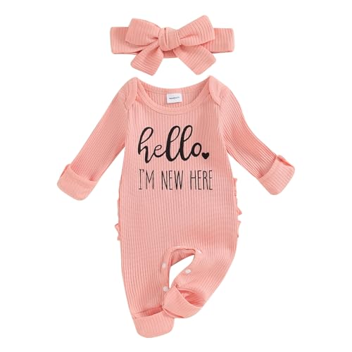 Newborn Outfits Baby Girl Hello I'm New Here Letter Long Sleeve Footies Romper Fall Winter Clothes with Headband