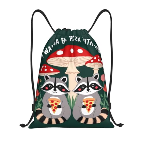 Raccoon Pizza Art Drawstring Backpack Lightweight Sports Gym Bag With Adjustable Shoulder Straps For Fitness Yoga Travel Soccer Volleyball Medium