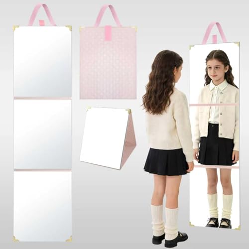 49 x 12 Inches Foldable Portable Full Length Mirror for Travel Shatterproof Trifold Hanging Folding Mirror for Camping Dance Bag with Garment Rack Makeup Full Body Over the Door Large RV Pink