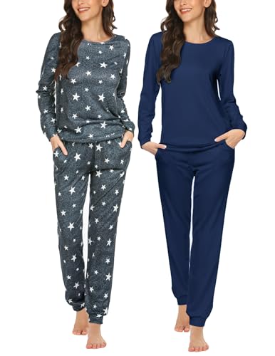 Ekouaer 2 Pack Women's Pajama Set Long Sleeve Top with Jogger Pants Lounge Sets Sleepwear Loungewear with Pockets Navy&Grey Star Large