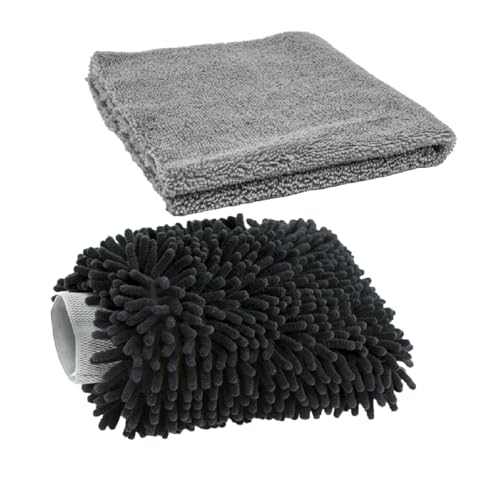 Image of Auto Hub Microfiber Car Cleaning Cloth and Wash Mitt Kit - Includes Ultra Soft 340 GSM Extra Large (40x40 CM) Microfiber Cloth for Car and Dual Sided Chenille Microfiber Wash Mitt 1700 GSM