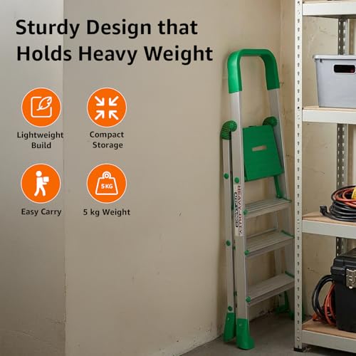 Image of Amazon Basics Clamber Pro - Foldable Step Ladder, Firm Grip, 4 Steps (Aluminium Steps, Green & Satin)