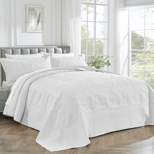 Image of ENJOHOS Oversized King Bedspreads 128x120, California King Quilt Sets, Extra Wide Large King Size Quilts for Bed, Lightweight Reversible Microfiber 3Pieces Cal King White Coverlet | california king bedspread white , Lightweight Reversible comforter set 3Pieces Cal King Oversized Coverlet