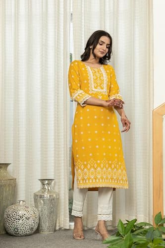 Image of Juniper Mustard Yellow Embroidered Straight Kurta