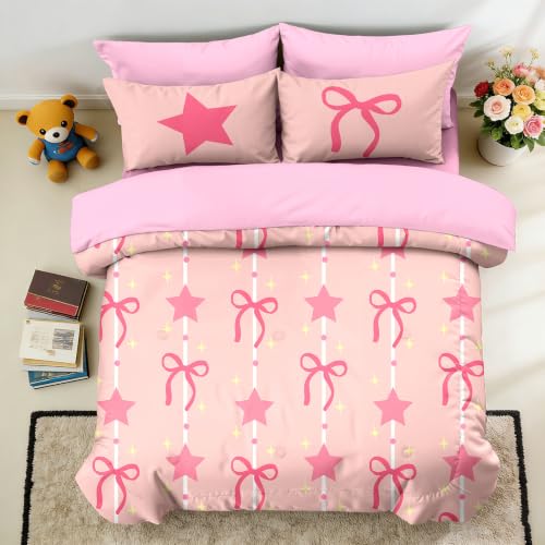 Image of NINENINE Pink Bow Star Comforter Sets, Sweet Galaxy Space Bedding 5PCS Twin Size Comforter Sets for Girls (1Comforter, 1Flat Sheet, 1Fitted Sheet, 2Pillowcases)