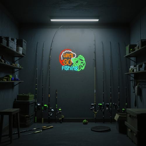 Image of Lucunstar Let's Go Fishing Neon Sign Dimmable Fish Neon Light for Wall Decor LED USB Powered Fishing Hook Lights for Bedroom Living Room Man Cave Yacht Decor Men Gifts