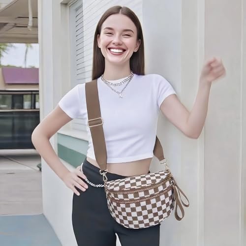 Image of Checkered Crossbody Bum Bags for Women, Nylon Sling Bags with Shoulder Strap, Large Capacity Checkered Purse Bag