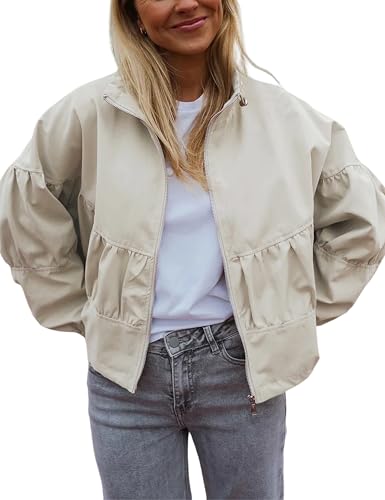 Watashi Women Casual Jacket Lightweight Oversized Zip Up Pleated Cropped Bomber Jackets Fall Anorak Coat with Pockets