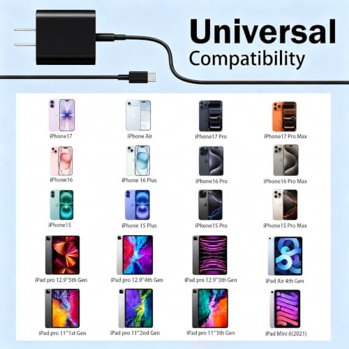 Image of iPhone 17 16 15 Long Charger Fast Charging,20W iPad USB C Wall Charger Block with 6FT USB C to C Cable Cord for iPhone 17 /Pro /Pro Max /17 Air / 16 /16 Pro /16 Pro Max /15 /Plus /Pro /Pro Max