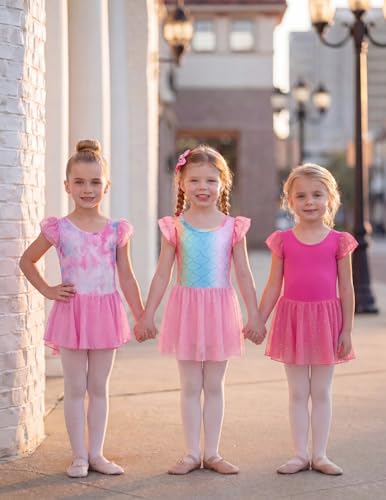 Image of Arshiner Girls Shiny Ruffle Sleeve Ballet Leotard with Skirt Criss-Cross Back Dance Dresses