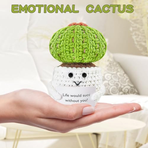 Image of Hoedia Handmade Emotional Pickle Gift, Emotional Cucumber Crochet Doll Inspirational Gifts with Cards, Cute Knitted Funny Support Pickle Potato Friend Birthday (Positive Cactus)