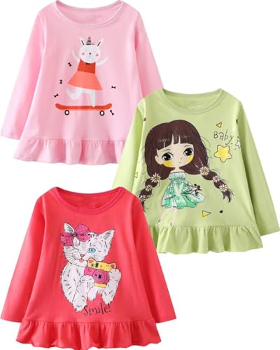 Image of Toddler Girl Long Sleeve T-Shirts Kids Cotton Fall Top 2-7 Years | 3 Pieces Soft Cotton Casual T-Shirt
