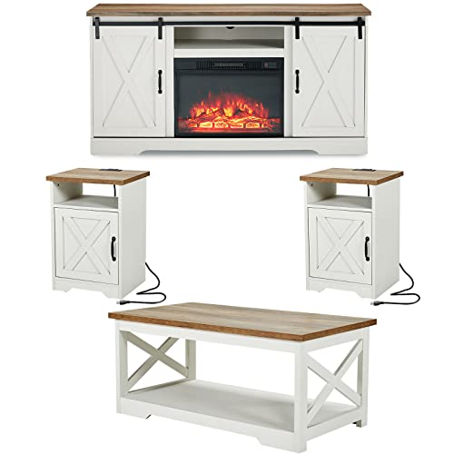 AMERLIFE 5-Piece Farmhouse Table Set Includes Fireplace TV Stand, Coffee Table& Two End Tables with...