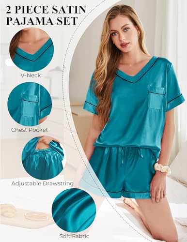 Image of Silk Pajamas for Women Short Sleeve Satin 2 Piece Pj Set Soft V Neck Sleepwear Loungewear, S-XXL