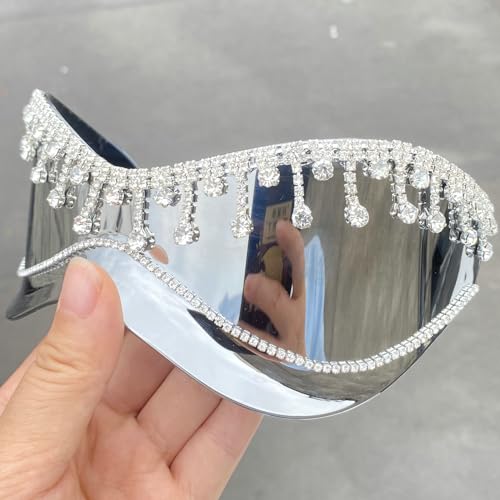 Oversized One Piece Sunglasses For Women Fashion Tassel Rhinestone Sun Glasses Large Frame Diamond Eyewear Shield Goggles4