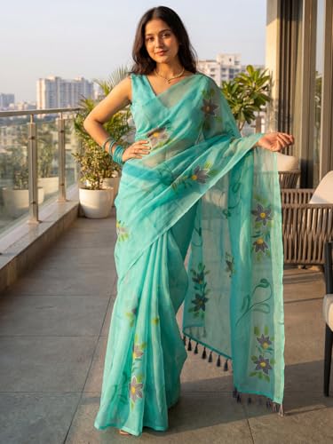 Image of AKHILAM Women's Cotton Saree with White Daisy Floral Prints Tassel Pallu Lightweight Summer Saree