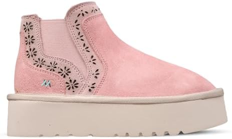mykos Kids Antoinette Youth Suede Girls Pull-On Boot - Water & Stain Resistant Platform (1.5") - Floral Detail Fashion Boot for Casual Wear - (Blush-6Y M US)
